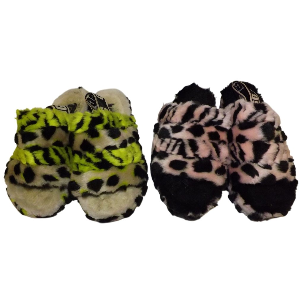 Size 7 Ugg Fluff Yeah Animalia Slippers Black Neon Green & Pink Black Animal